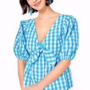 Lilly Pulitzer Sarafina Short Sleeve Top Turquoise Oasis Crinkle Gingham NWT 12
